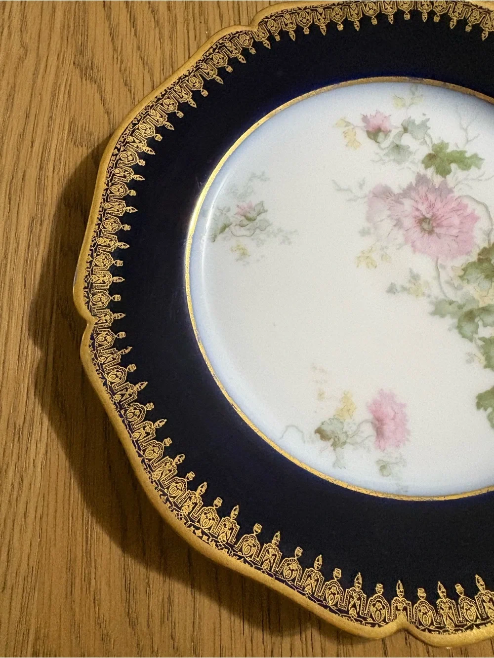 Limoges Cobalt and Gold Trim Dessert Plate with Pink Floral Motif